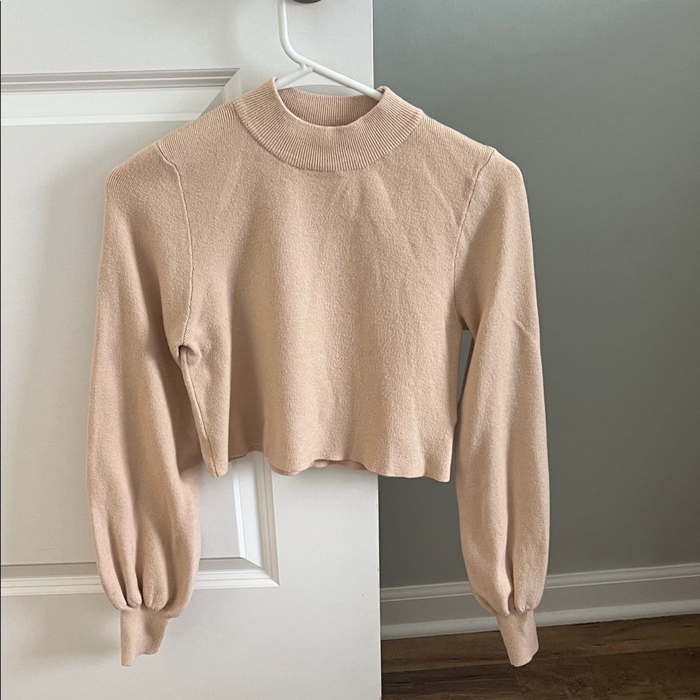Cropped Mock Neck Sweater in Light Beige